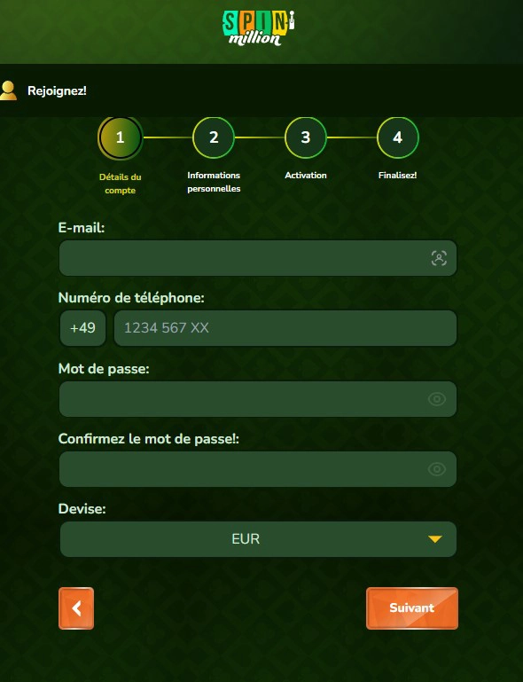 Inscription rapide pour les nouveaux joueurs chez Spin Million Casino